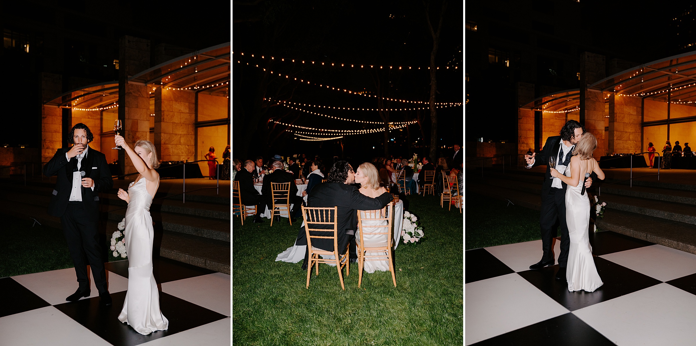 Evening wedding reception at the Nasher Sculpture Center with guests celebrating