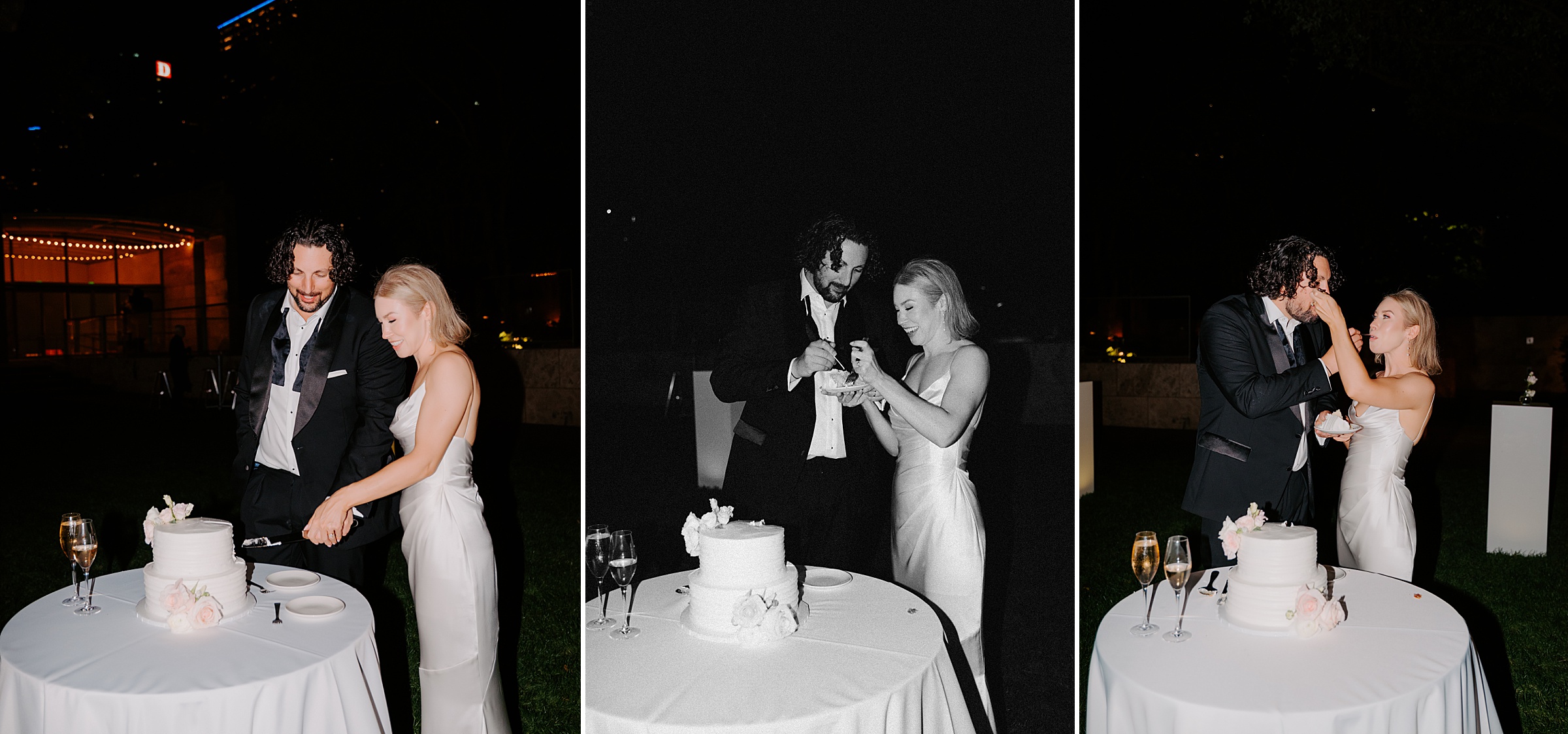 Evening wedding reception at the Nasher Sculpture Center with guests celebrating