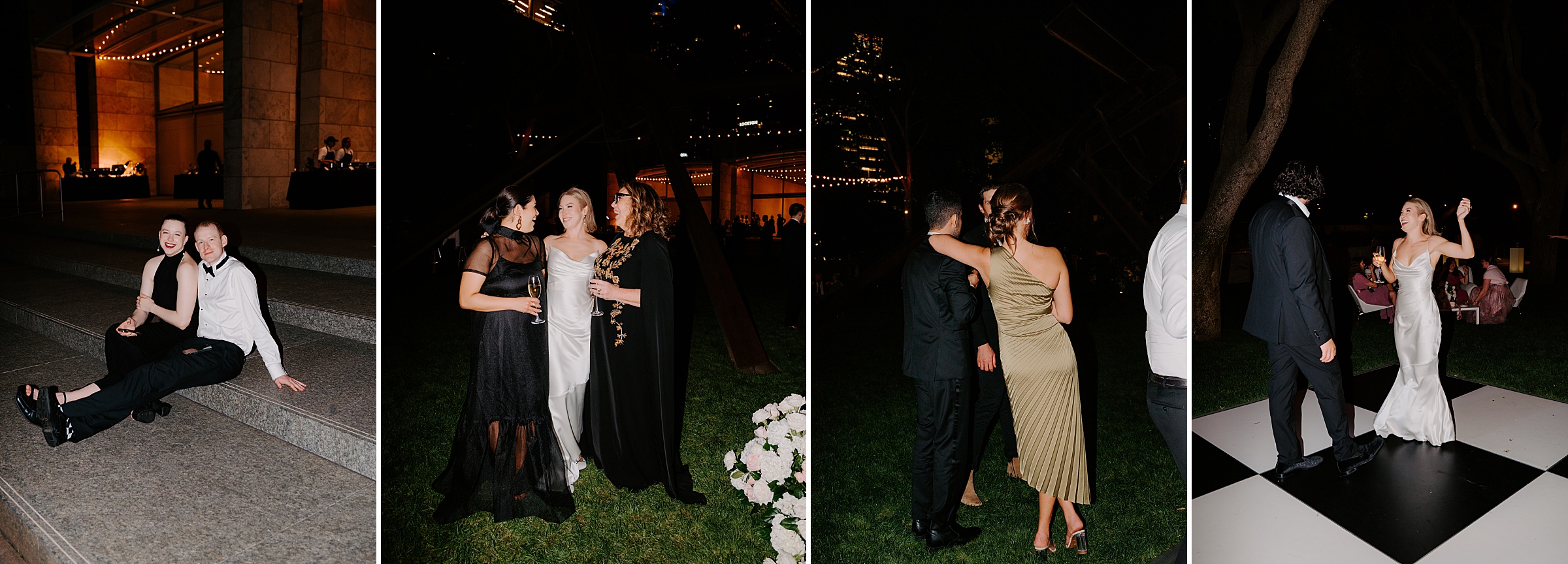 Evening wedding reception at the Nasher Sculpture Center with guests celebrating