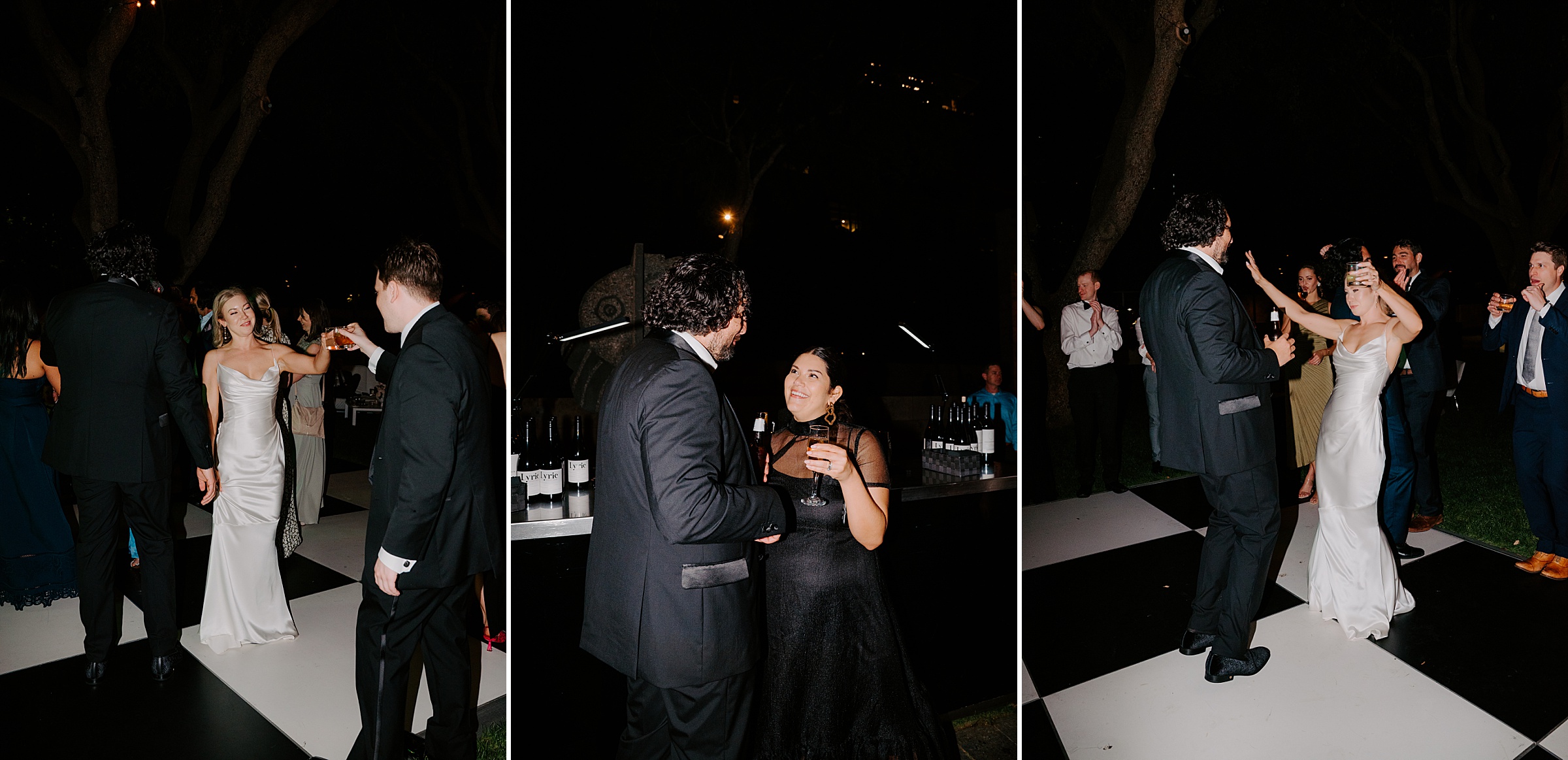 Evening wedding reception at the Nasher Sculpture Center with guests celebrating