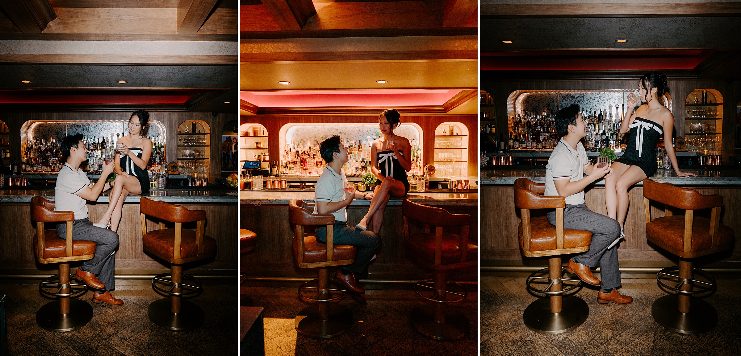 couple in Ginger's cocktail bar Dallas moody engagement photos