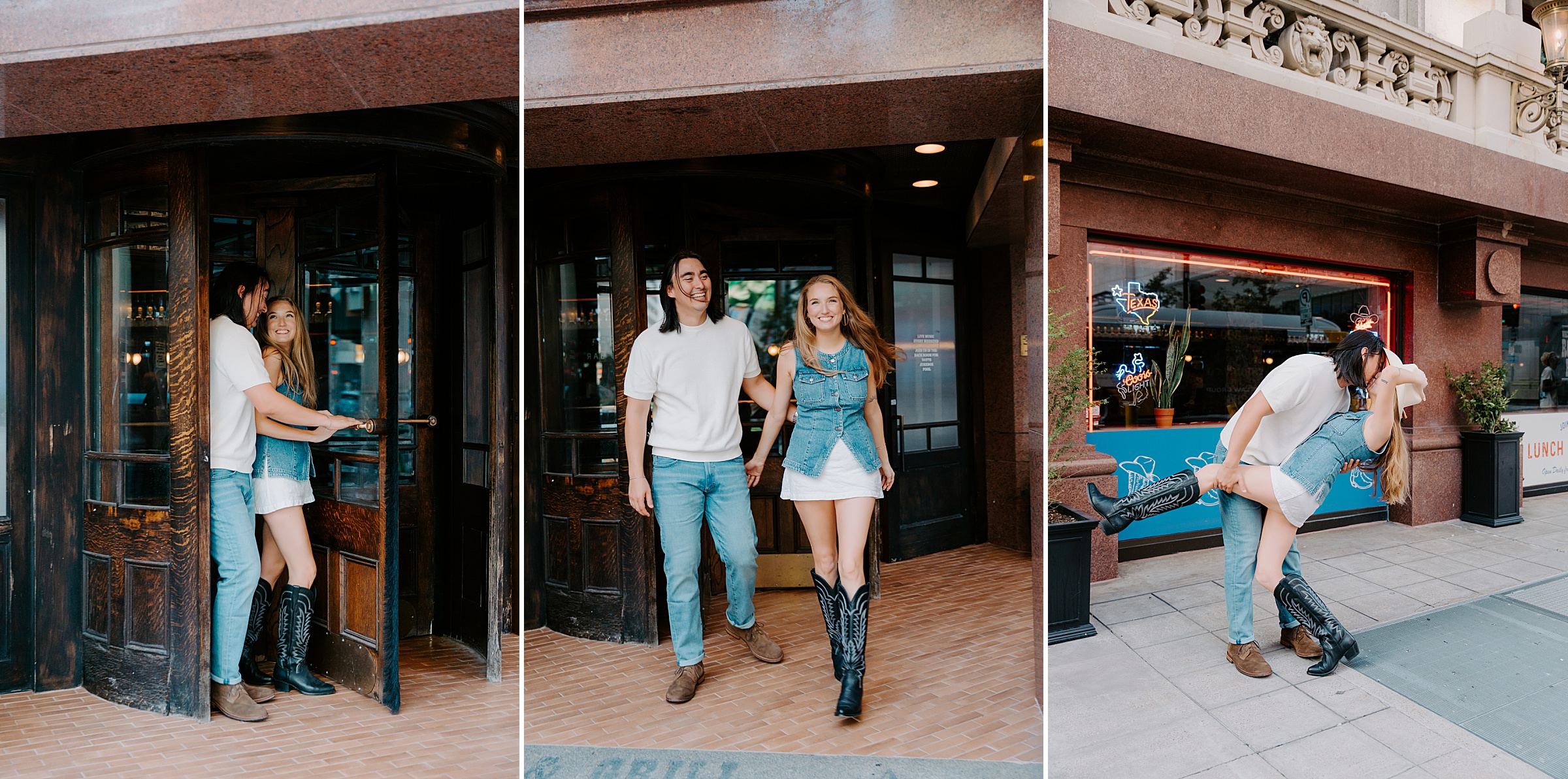 Rodeo Bar Dallas engagement photos casual wardrobe change