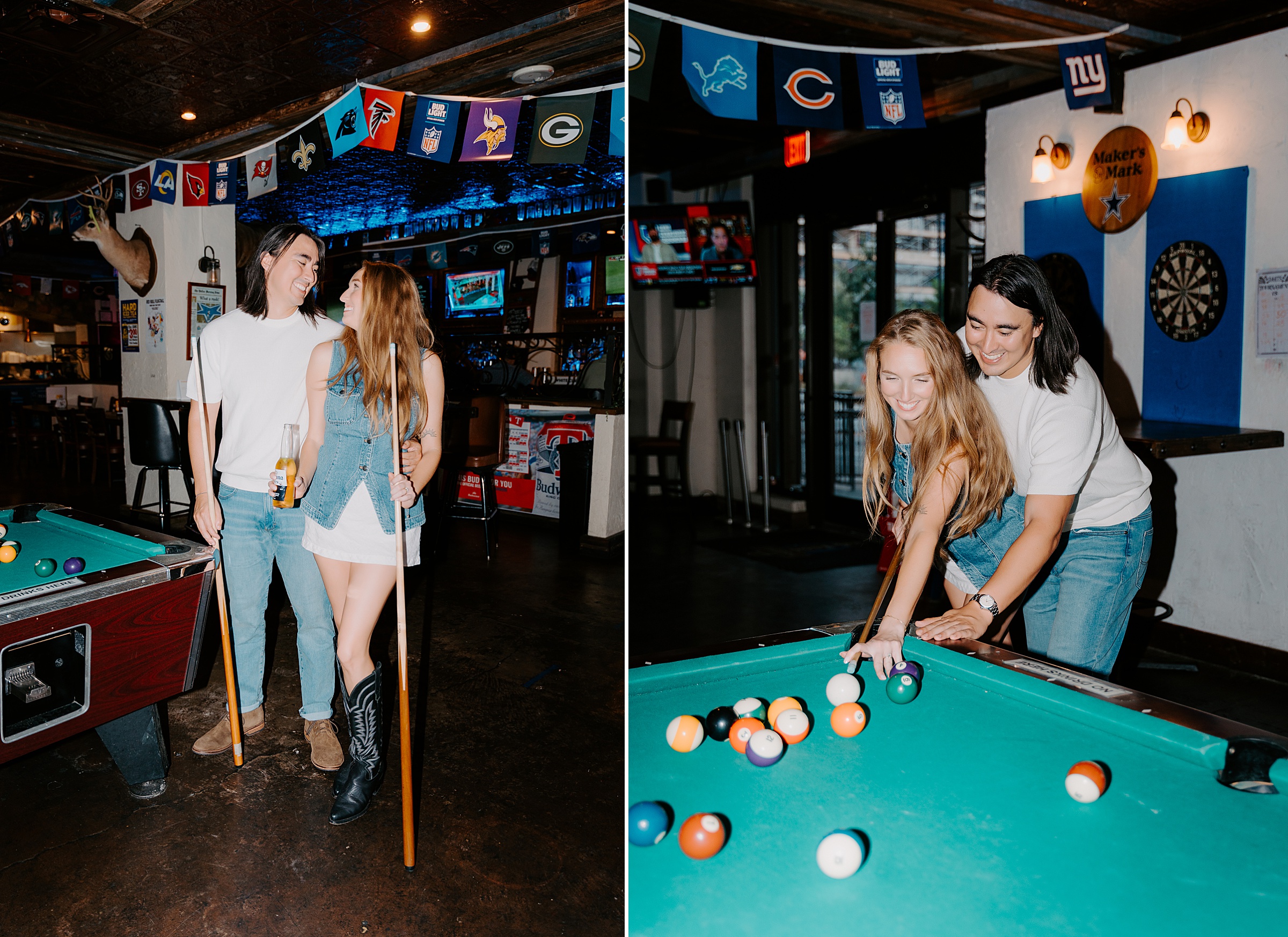 dive bar engagement session pool table downtown Dallas