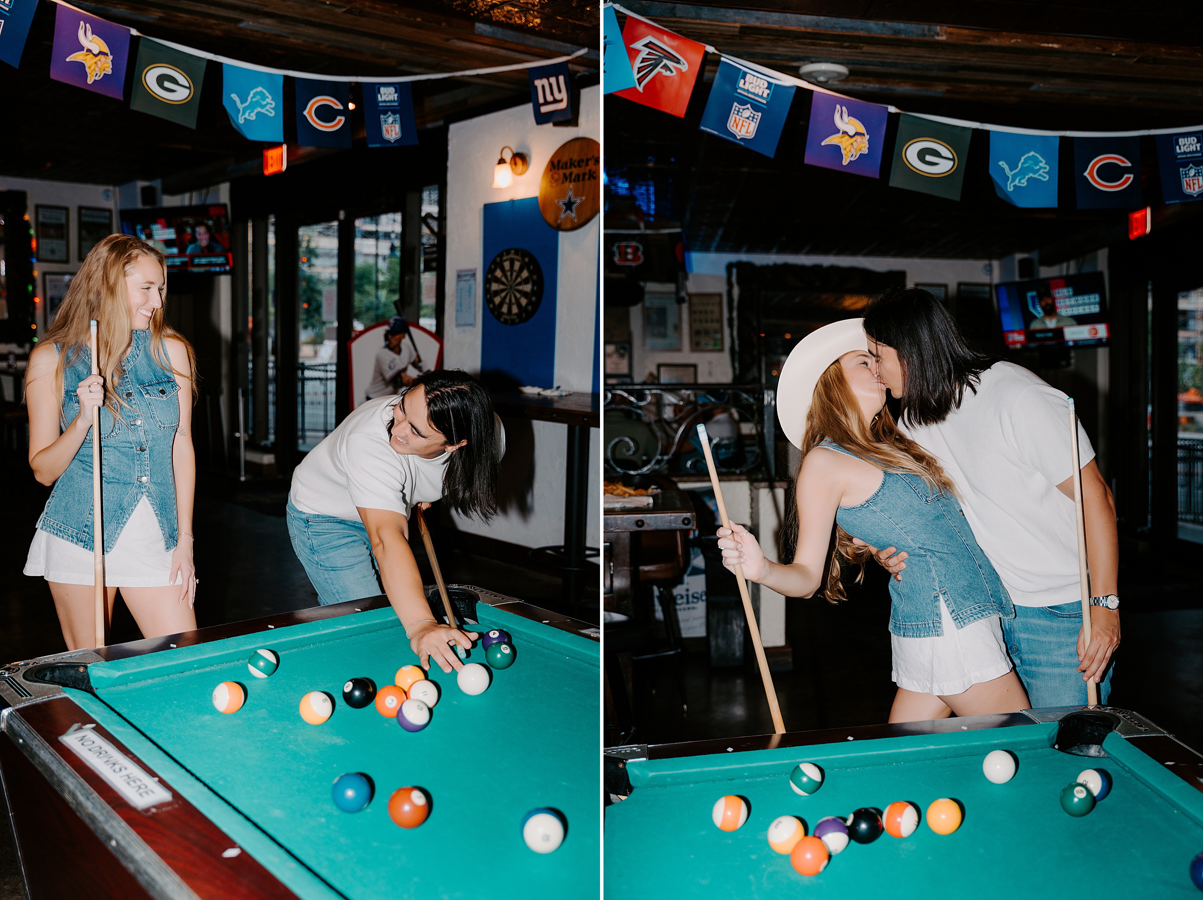dive bar engagement session pool table downtown Dallas