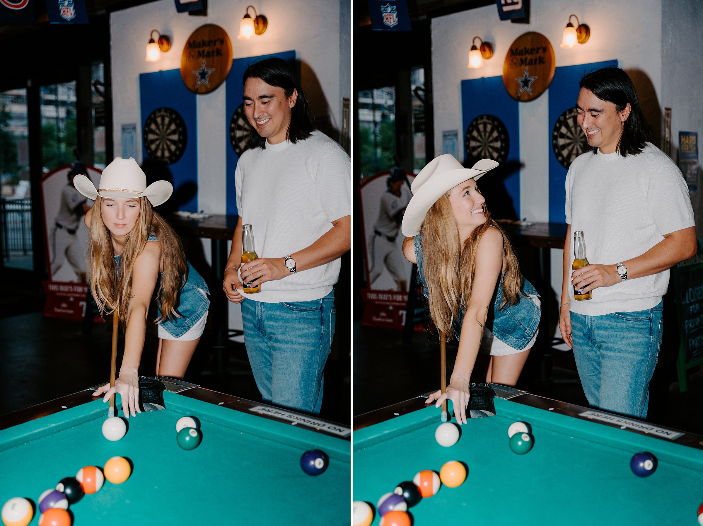 dive bar engagement session pool table downtown Dallas
