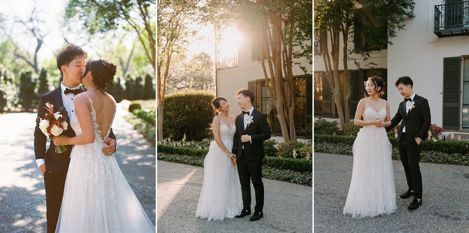 bride and groom at Alex Camp House Dallas Arboretum garden