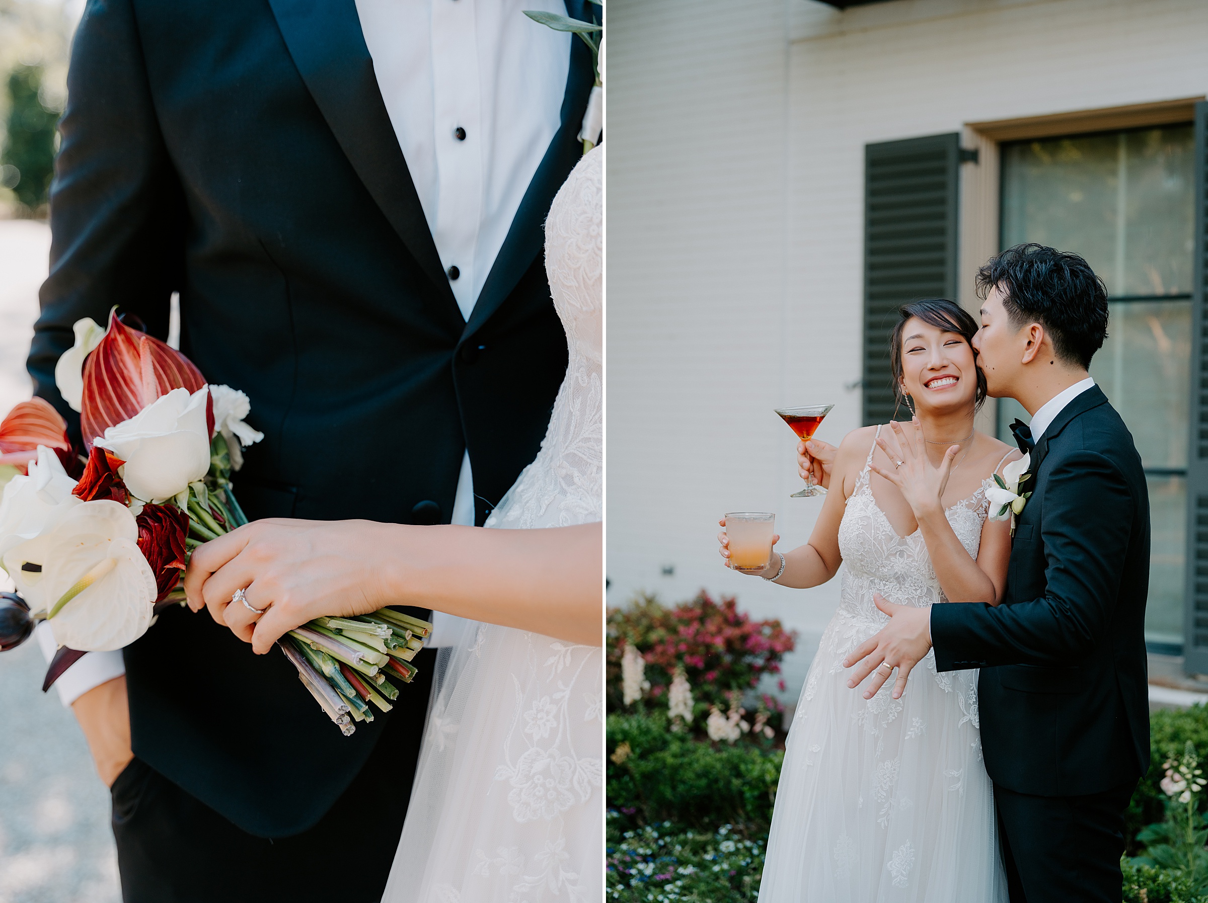 bride and groom at Alex Camp House Dallas Arboretum garden