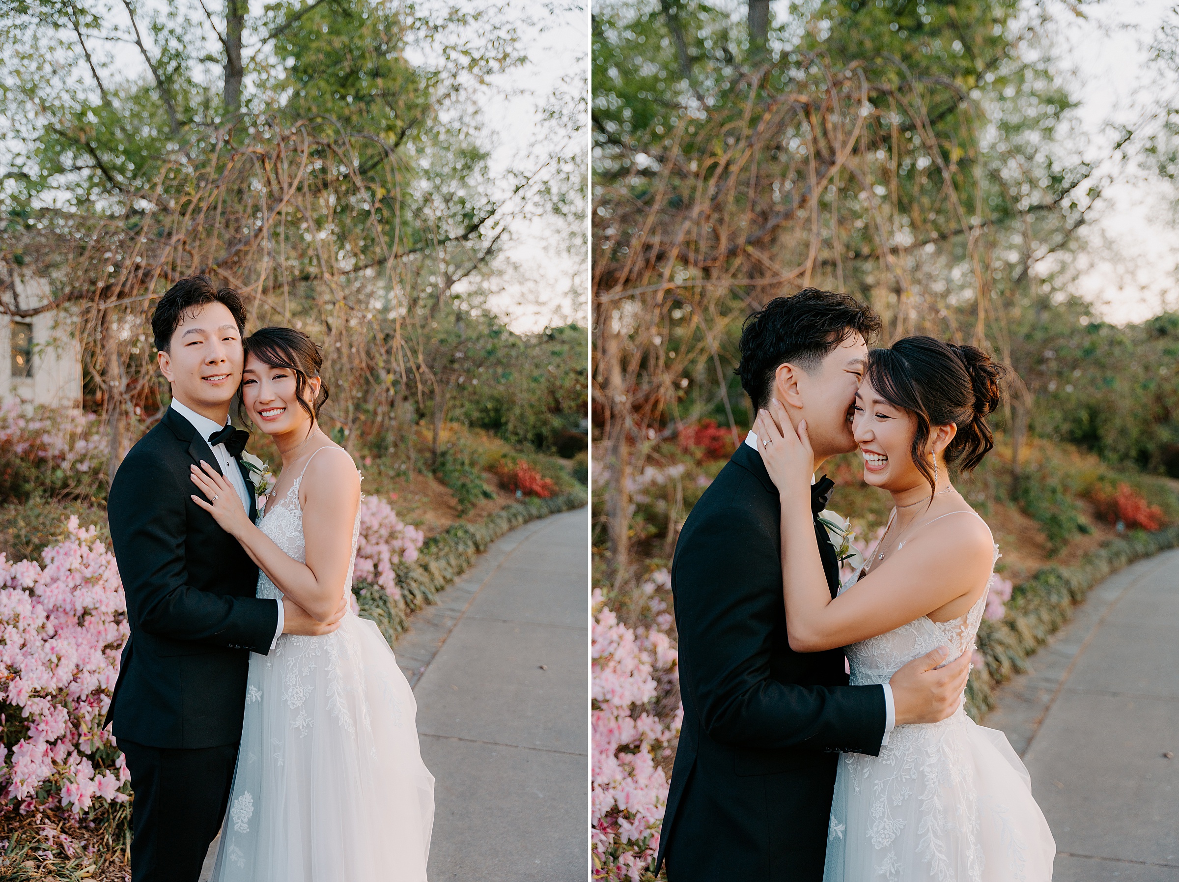 bride and groom at Alex Camp House Dallas Arboretum garden