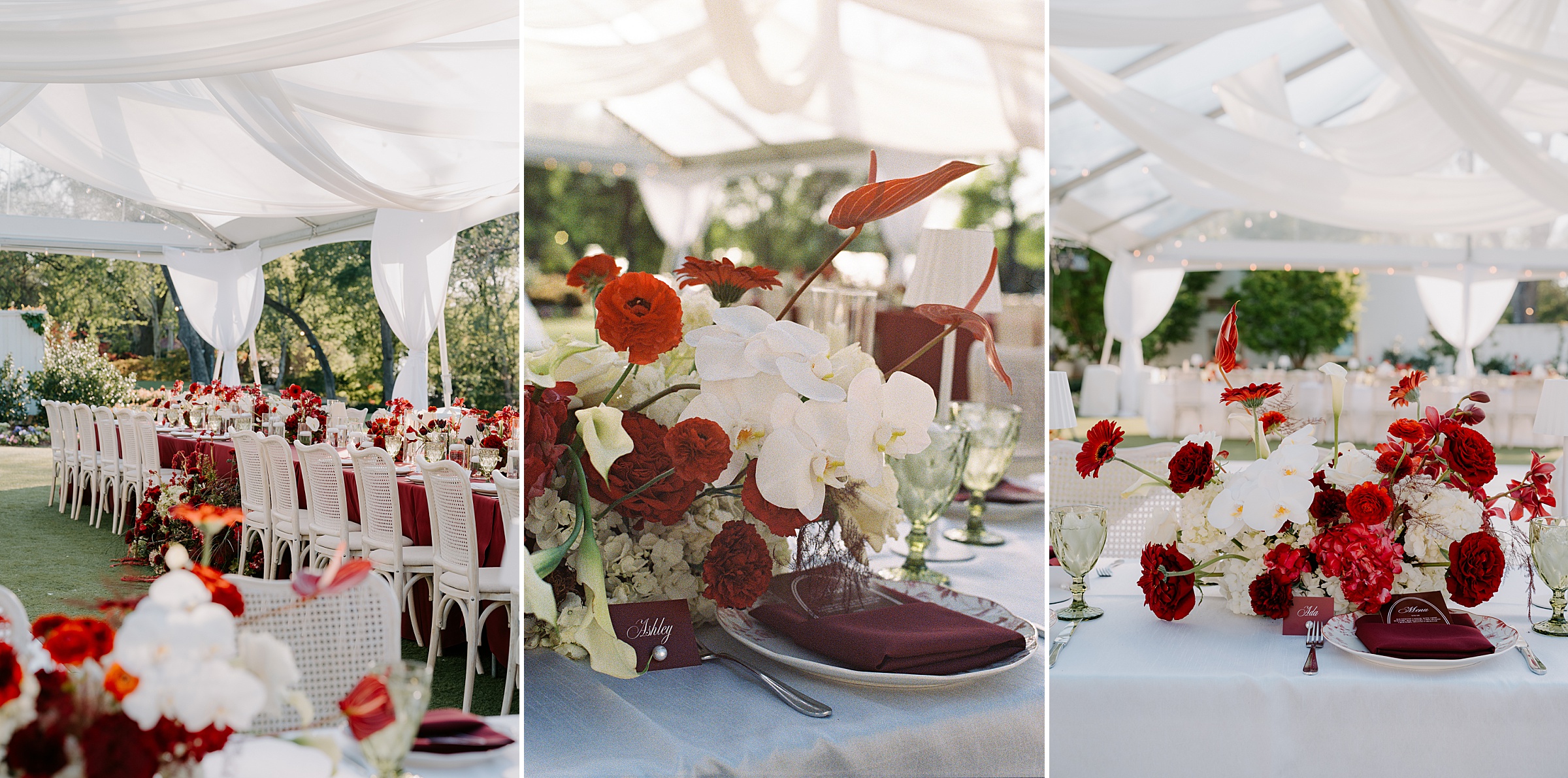 maroon and white floral wedding design Alex Camp House