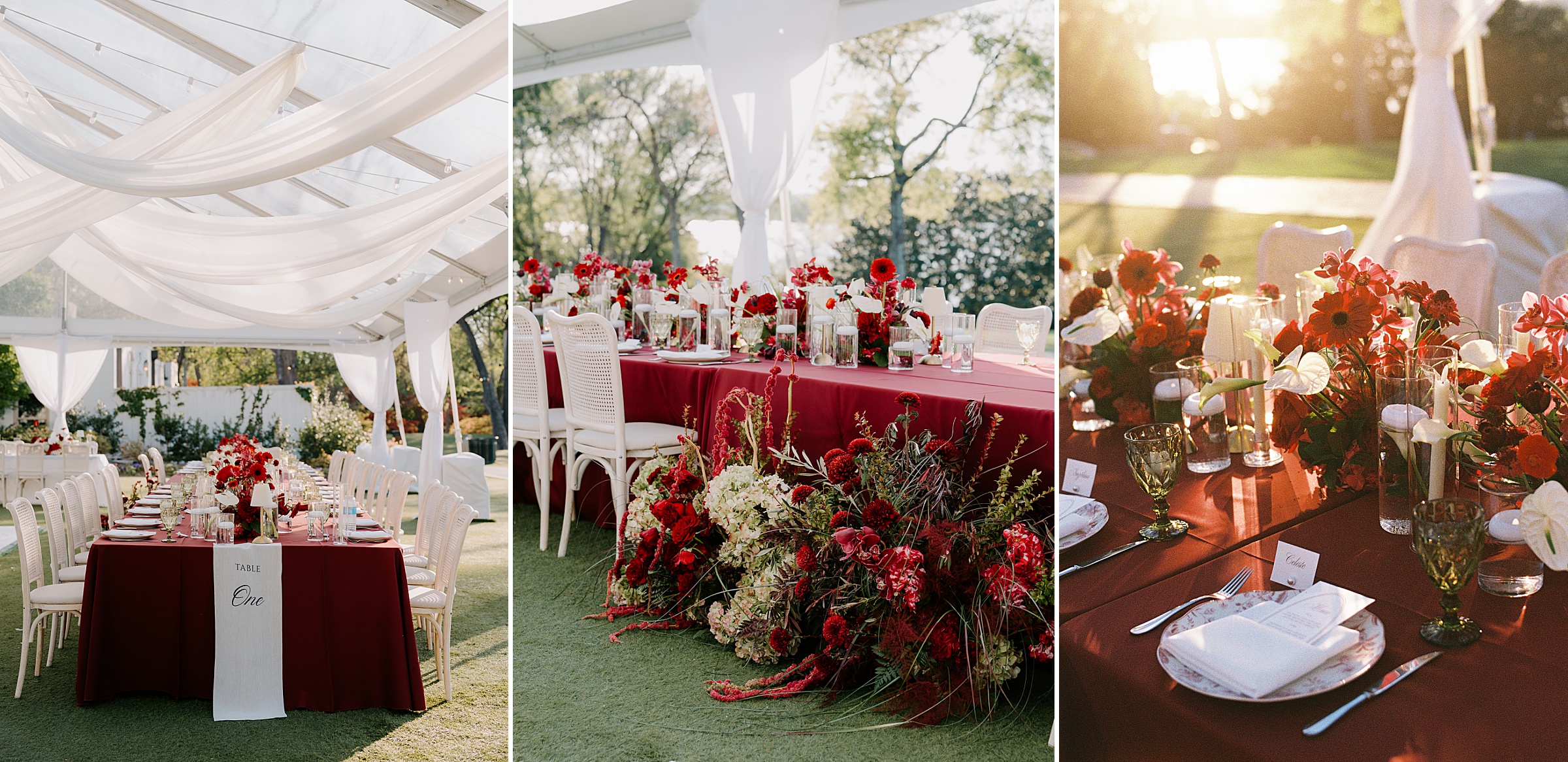 maroon and white floral wedding design Alex Camp House