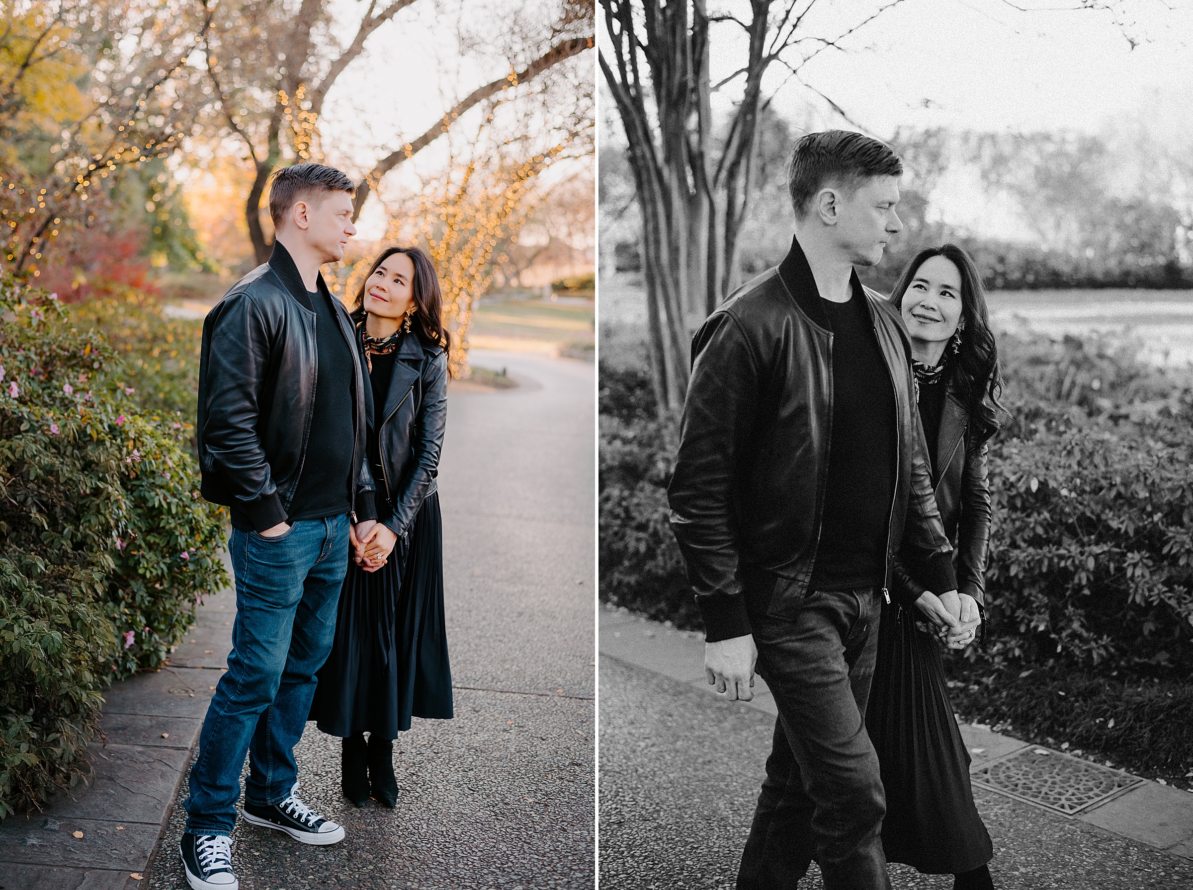Dallas Arboretum engagement session winter black leather jackets