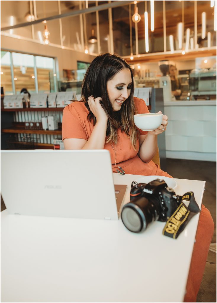 3 reasons wedding photographers should blog - branding session in coffee shop for Dallas wedding photographer